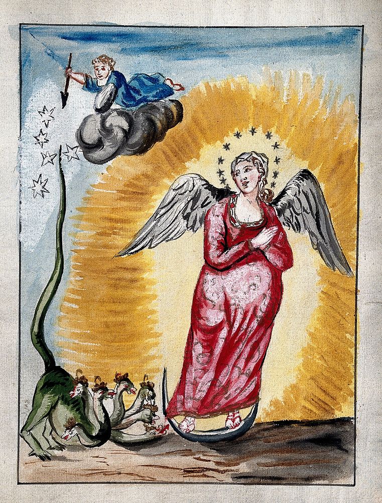 The pregnant Virgin Mary, with a dragon at her feet; representing a stage in the alchemical process. Colour painting after…