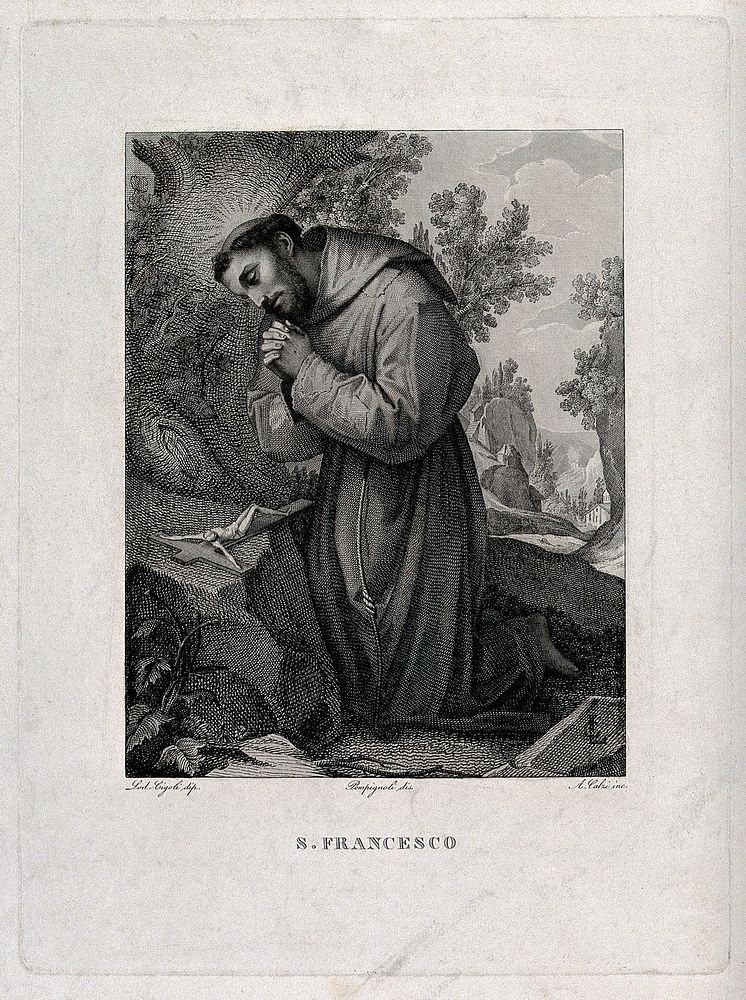 Saint Francis of Assisi in the wilderness; kneeling in front of a crucifix. Engraving by A. Calzi after Pompignoli after L.…