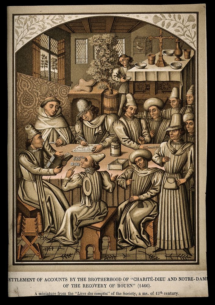 The Order of Monks of the 'Charité-Dieu and Notre-Dame settling their accounts. Coloured chromolithograph.