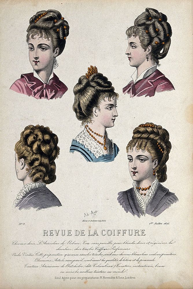The heads and shoulders of five women with their hair combed back and dressed with chignons decorated with jewellery.…