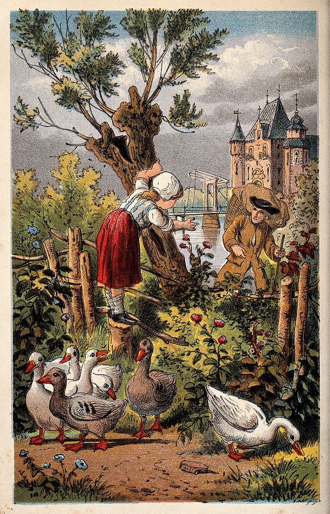 A young goose girl stands on a fence stump to watch a traveller go by. Chromolithograph.