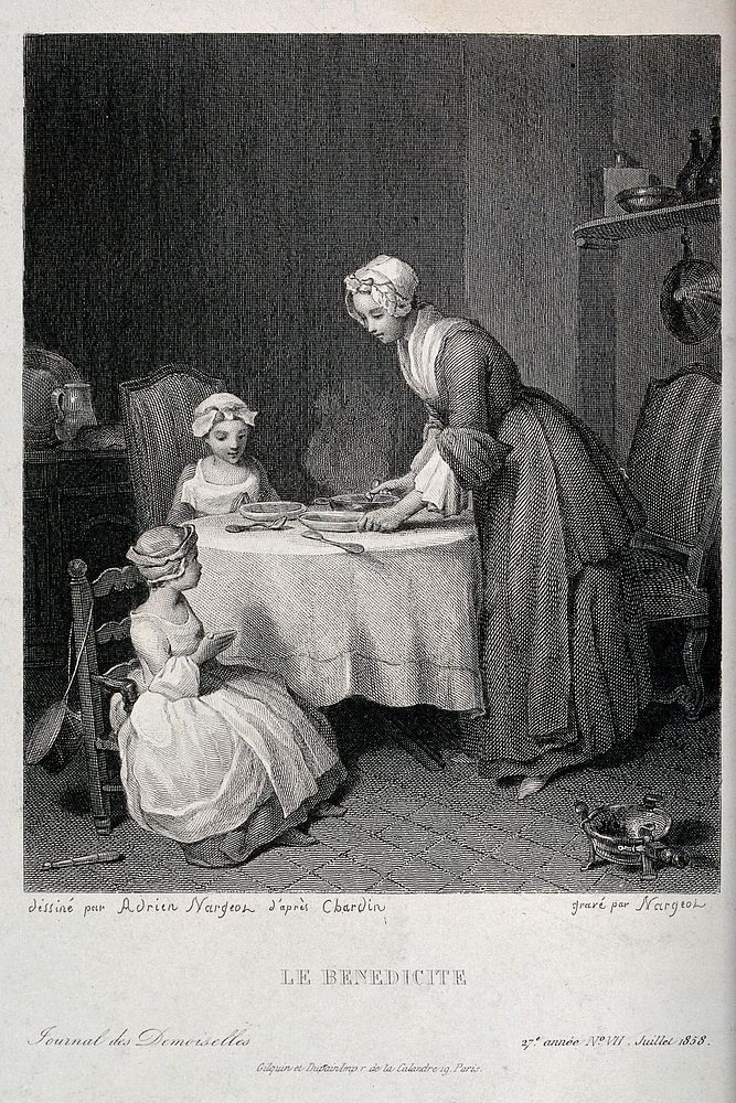 Children at table saying grace. Engraving by Adrien Nargeot after Chardin.