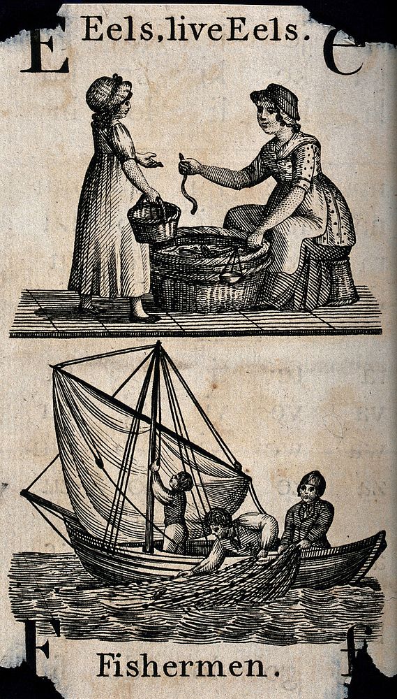 A child buys eels from a woman with a basket, and three small boys are in a fishing boat with nets. Etching.