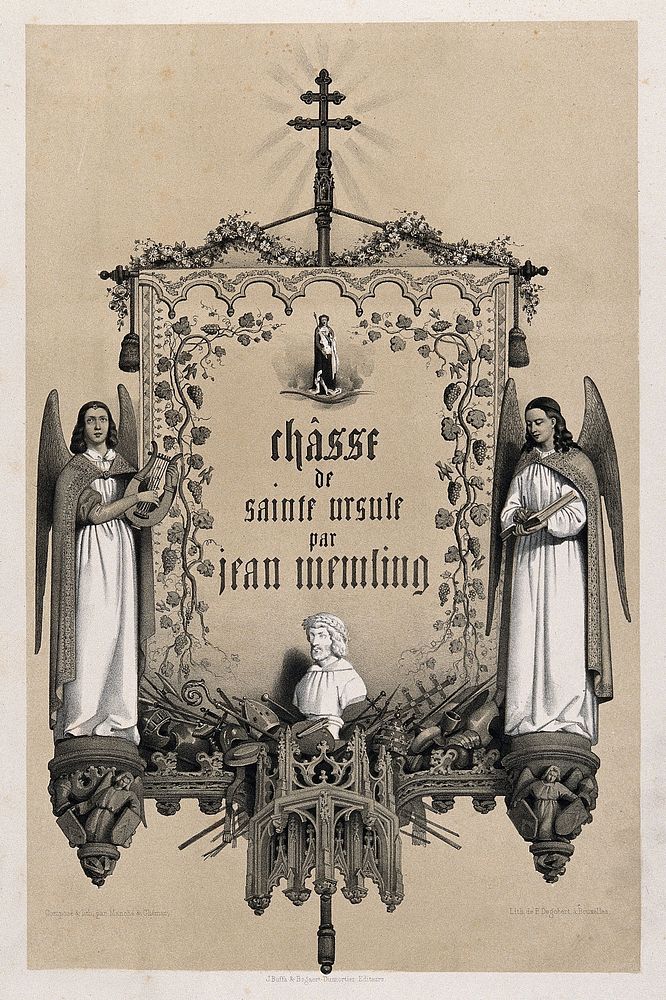 Saint Ursula: a banner to the saint introducing Memlinc's paintings of her. Lithograph by L.J. Ghémar and E. Manche.
