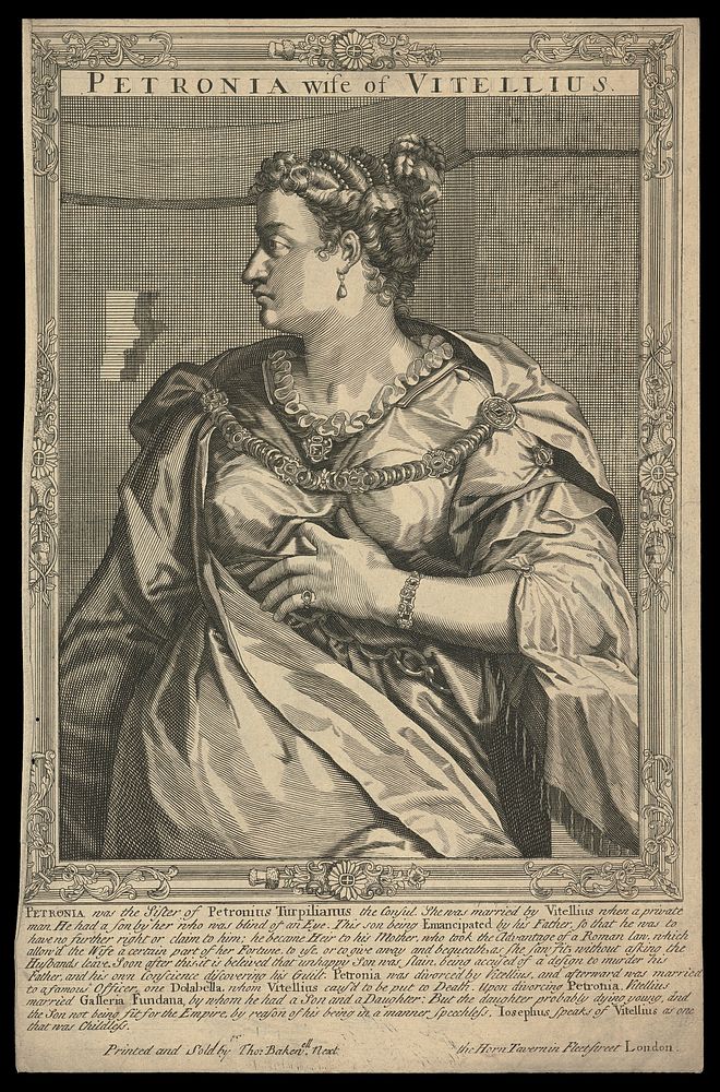 Petronia, wife of Vitellius, Emperor of Rome. Line engraving, 16--, after A. Sadeler after Titian.