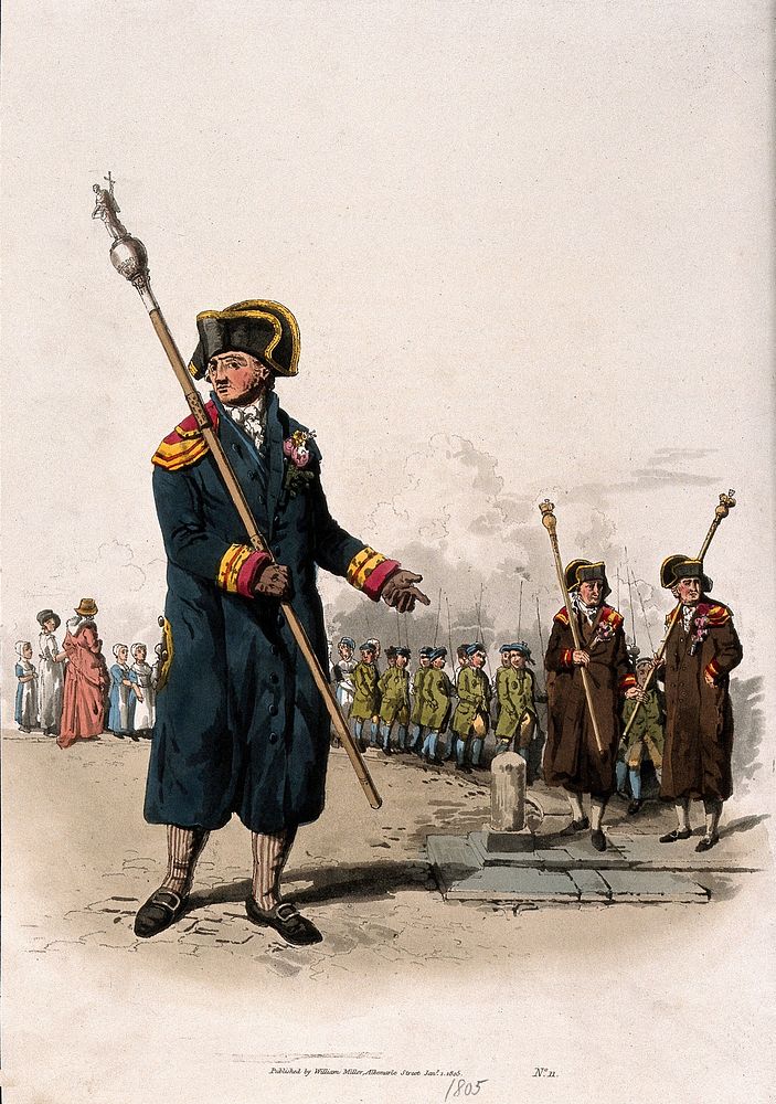 A beadle, carrying his staff: behind him two churchwardens lead a procession of orphans of the parish, the boys carrying…