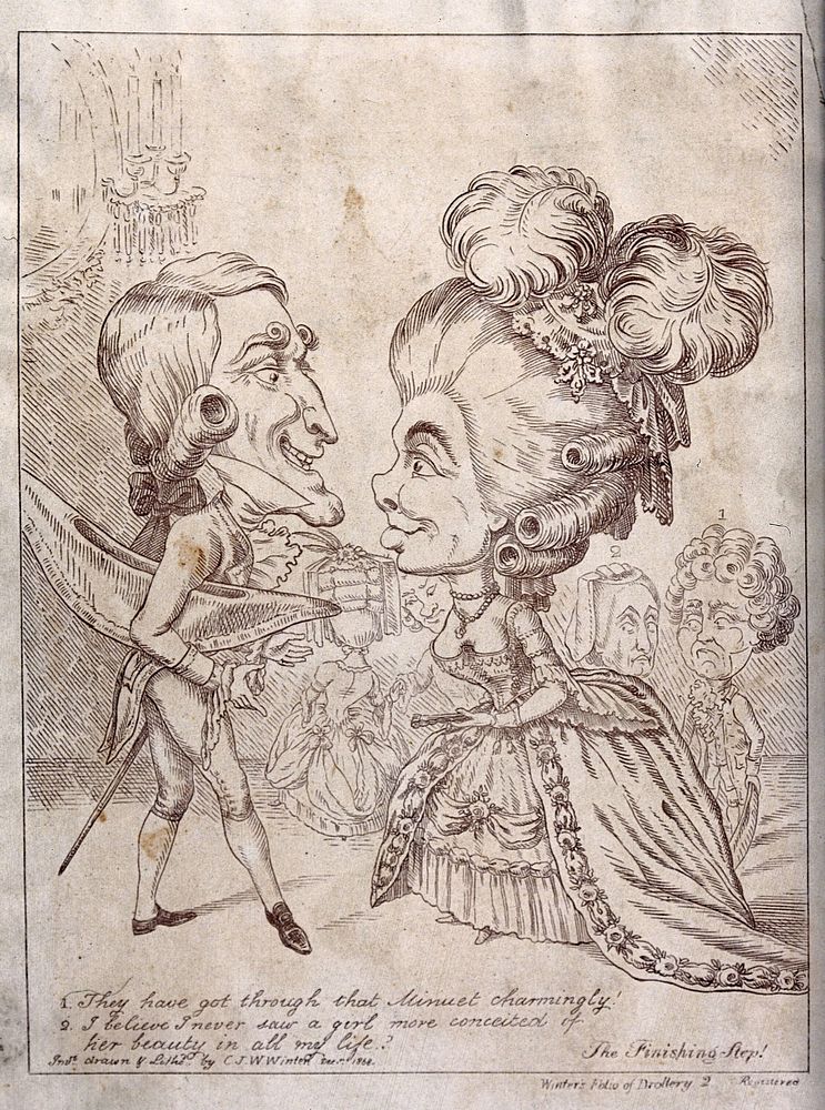 A man and a woman face one another on the dance floor as people behind look on with disapproving faces. Lithograph by C.J.W.…
