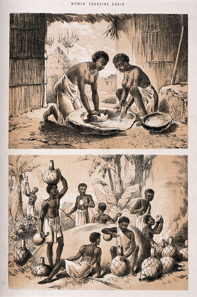 Two pictures: two women pounding grain and African people brewing pombe. Lithograph with tint plate.