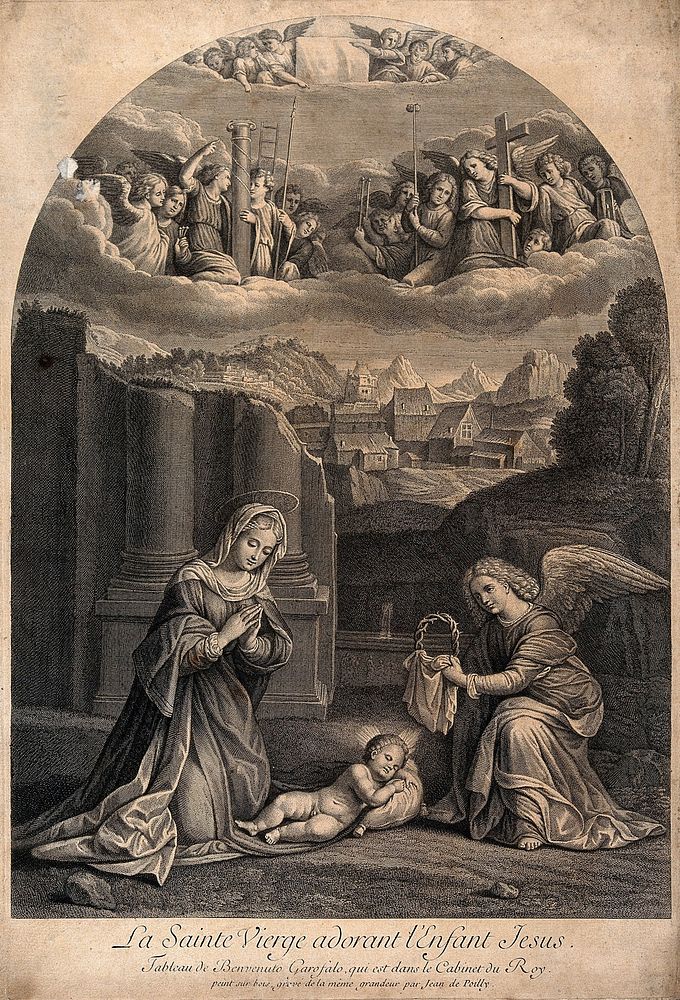 Saint Mary (the Blessed Virgin) with the Christ Child and angels holding instruments of the Passion. Engraving by J. de…