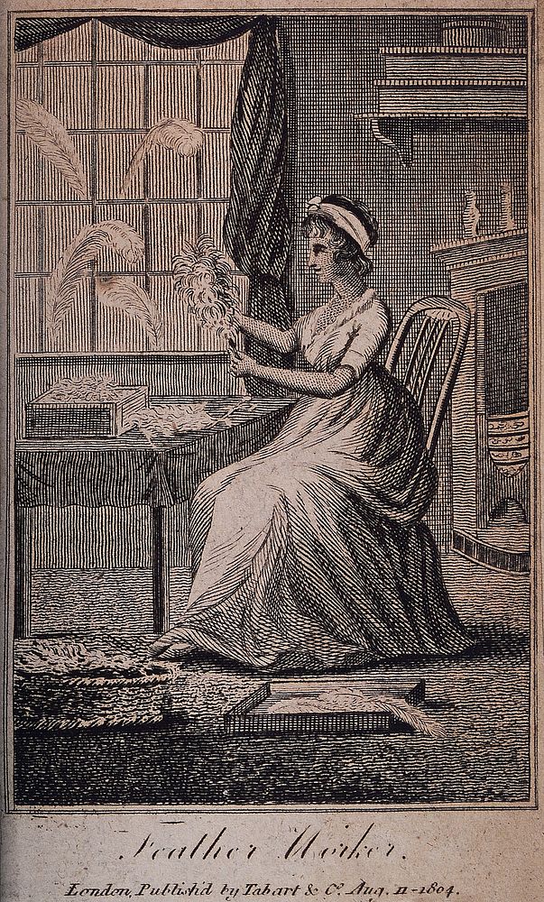 A woman sits working with baskets and boxes of feathers. Etching.