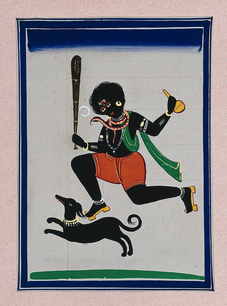 Lord Shiva in his form as Bhairav along with his vehicle, the dog. Gouache painting by an Indian artist.