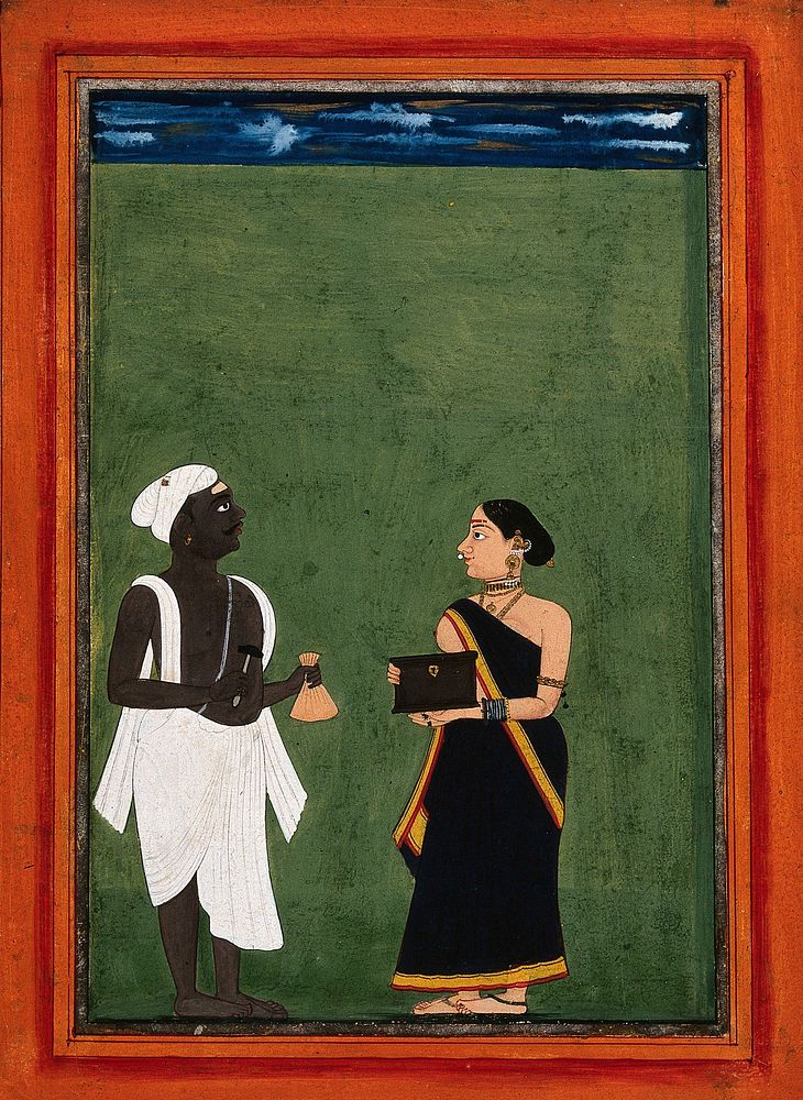 A Jain bringing money home to his wife. Gouache drawing.