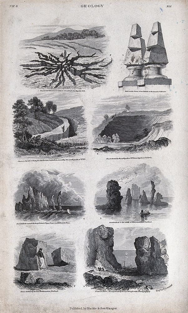 Geology: various kinds of rocks and geological features. Engraving by R. Scott.