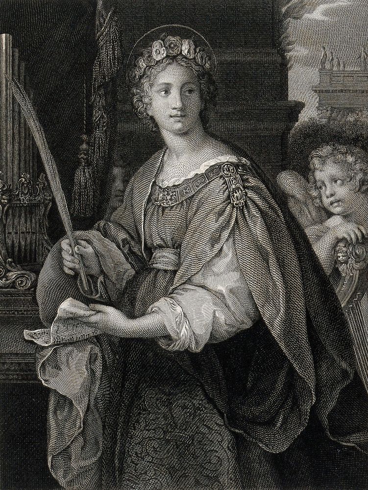Saint Cecilia. Line engraving by W. Sharp after Pietro da Cortona.