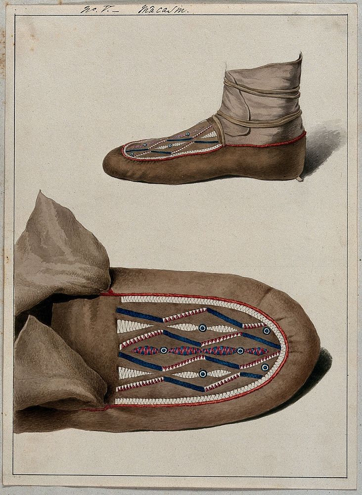 Native North American costume: a moccasin, two figures. Watercolour attributed to Thomas Bateman.
