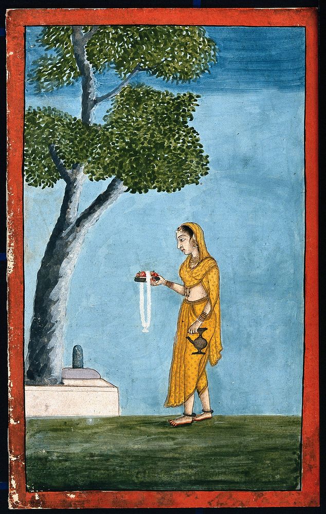 An Indian lady going to pray to a Shivling,a form of the god Shiva. Gouache painting by an Indian painter.