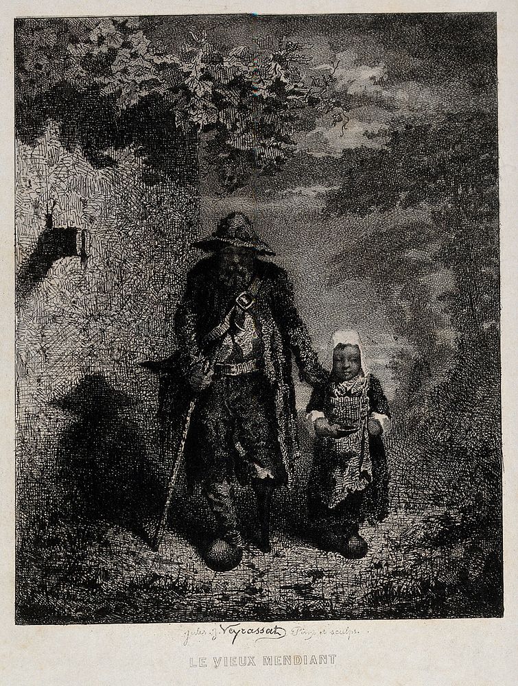 An old man with a wooden leg and a stick is accompanied by a girl carrying a bowl in her right hand. Etching by Jules…