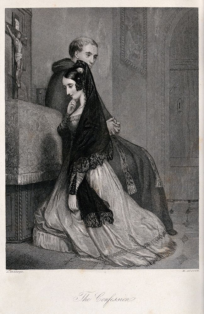 A woman confessing to a priest. Engraving by H. Austen after J. Herbert.