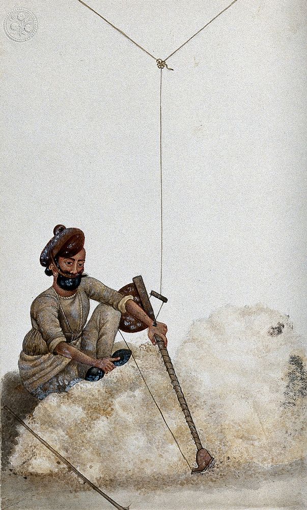 A man carding cotton. Watercolour by an Indian artist.