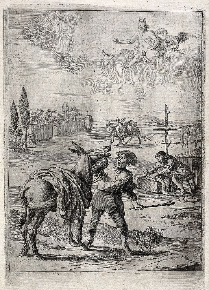 A god in the clouds watches on as a peasant is about to beat his donkey; illustration of a fable. Etching by R. Stoop.