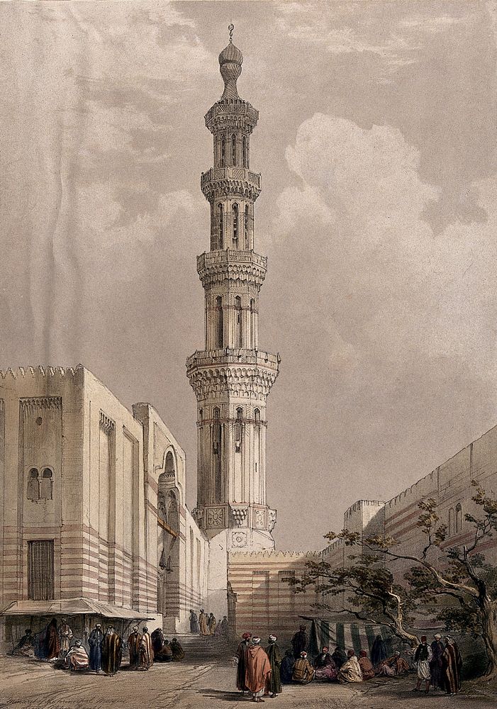 Minaret of the principal mosque at Siout. Coloured lithograph by Louis Haghe after David Roberts, 1849.