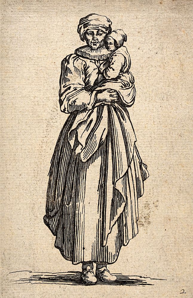 A woman wearing a ruff carrying a small child in her arms. Engraving with etching.