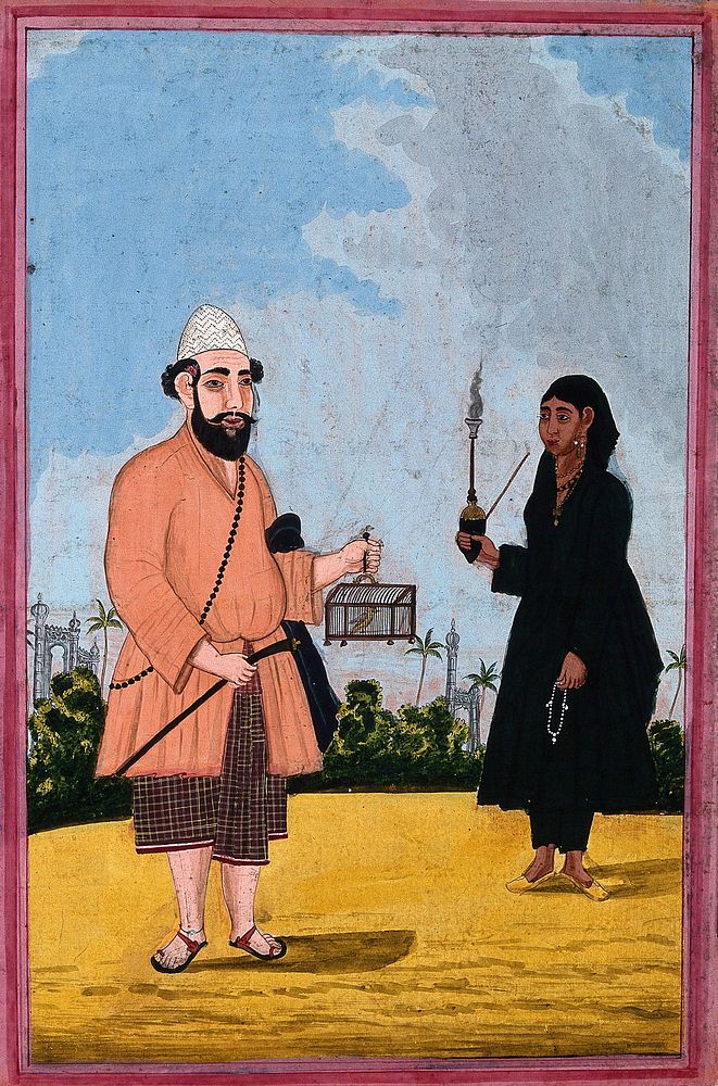 A Muslim man holding a bird in a cage with a women holding a pipe. Gouache, 18--.