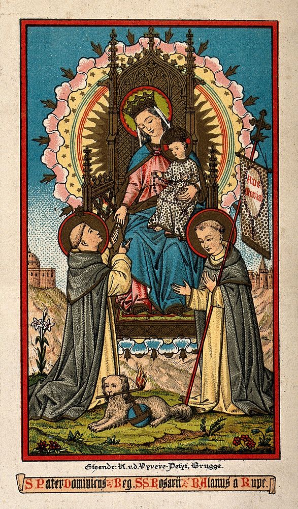 Saint Mary (the Blessed Virgin) with the Christ Child and Saint Dominic Guzman and the Blessed Alan of Roche. Colour…