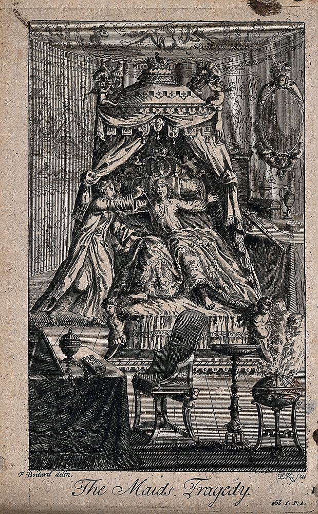 An episode in The maid's tragedy: Evadne kills the king in his bed in revenge for his having raped her. Etching by E.…