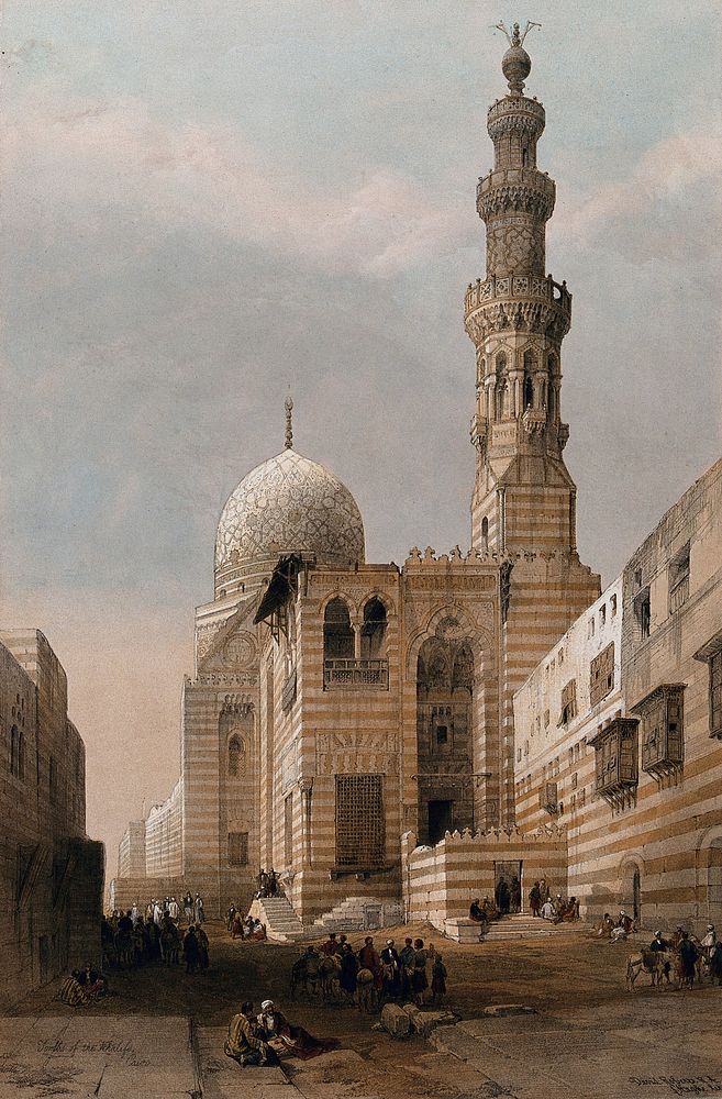 Tombs of the caliphs, with minaret, Cairo, Egypt. Coloured lithograph by Louis Haghe after David Roberts, 1848.