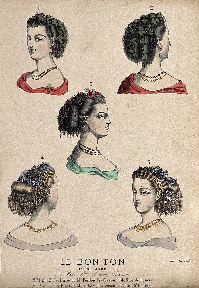 The heads and shoulders of five women with ringletted hair dressed with leaves, flowers, beads and slides. Coloured…