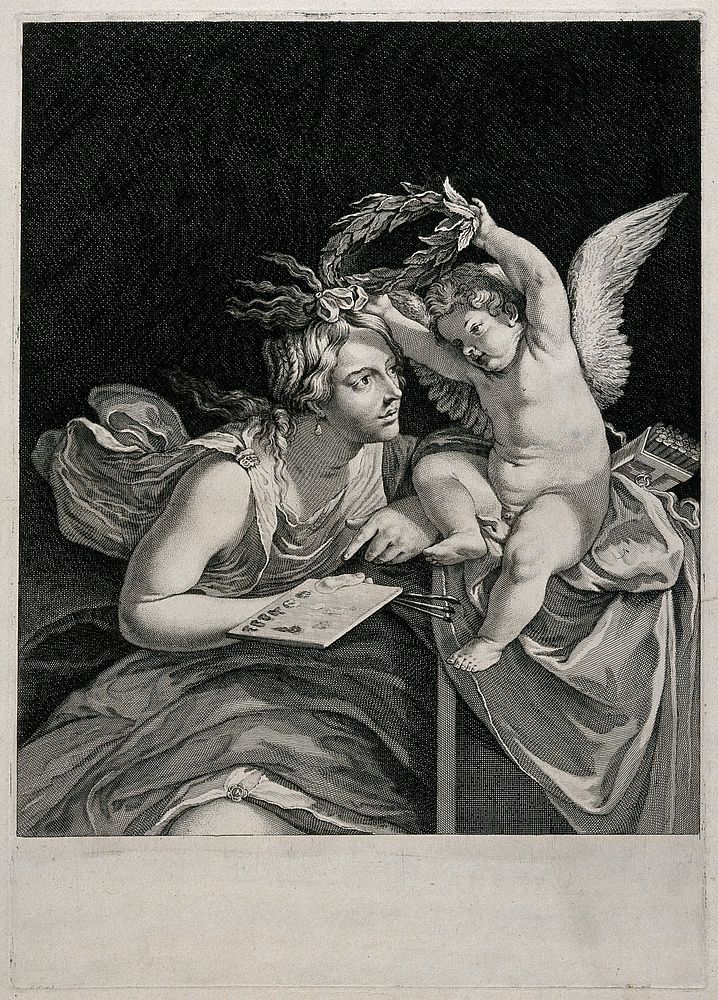 A female allegory of painting being crowned by Cupid. Engraving.