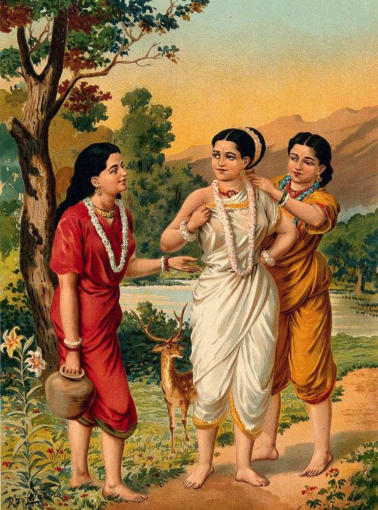Shakuntala and her friends. Chromolithograph by R. Varma.