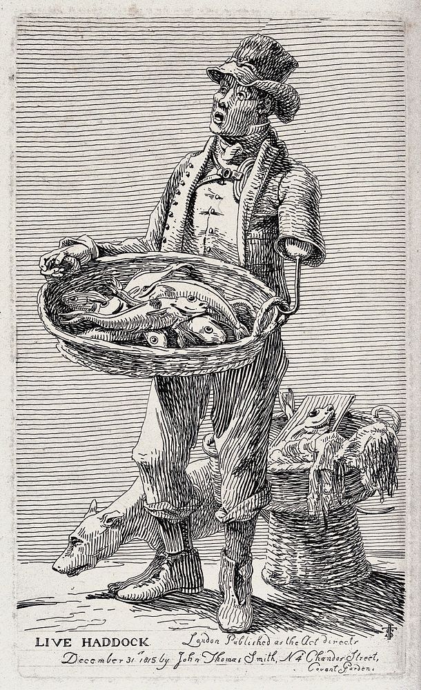A man with an artificial arm selling live haddock from a basket he suspends from the hook on his left shoulder. Etching by…
