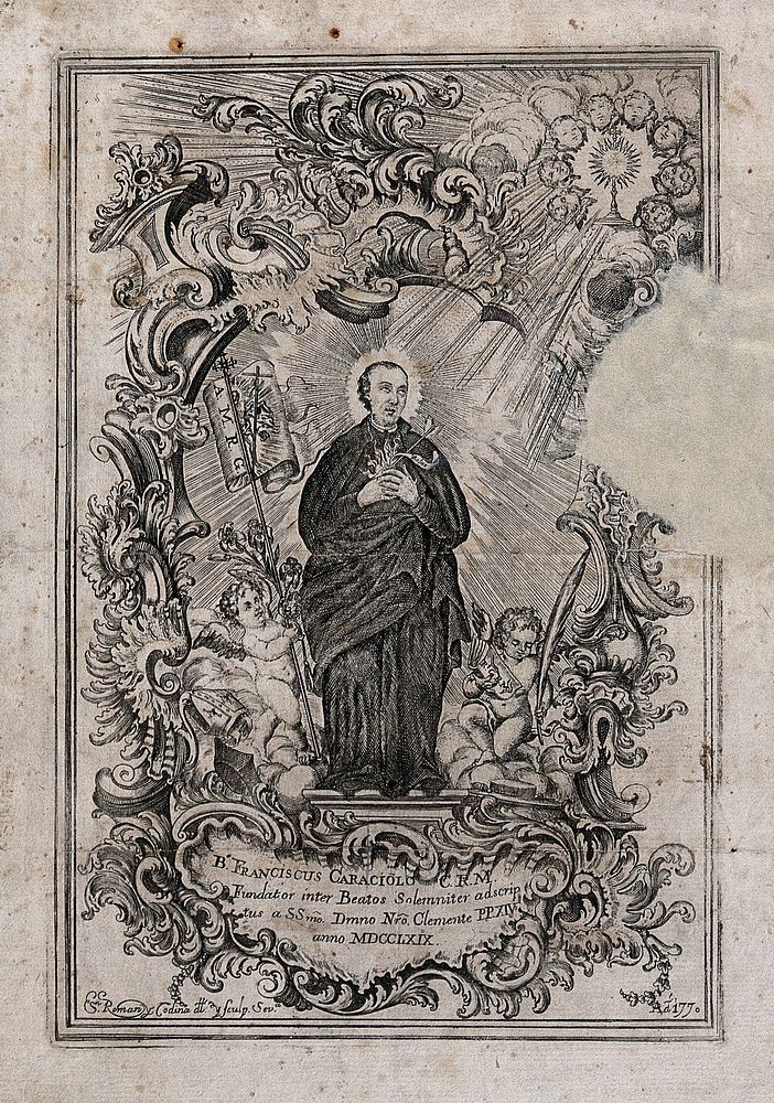 The Blessed (subsequently Saint) Francis Caracciolo, standing between two cherubim, surrounded by a rococo frame. Etching by…