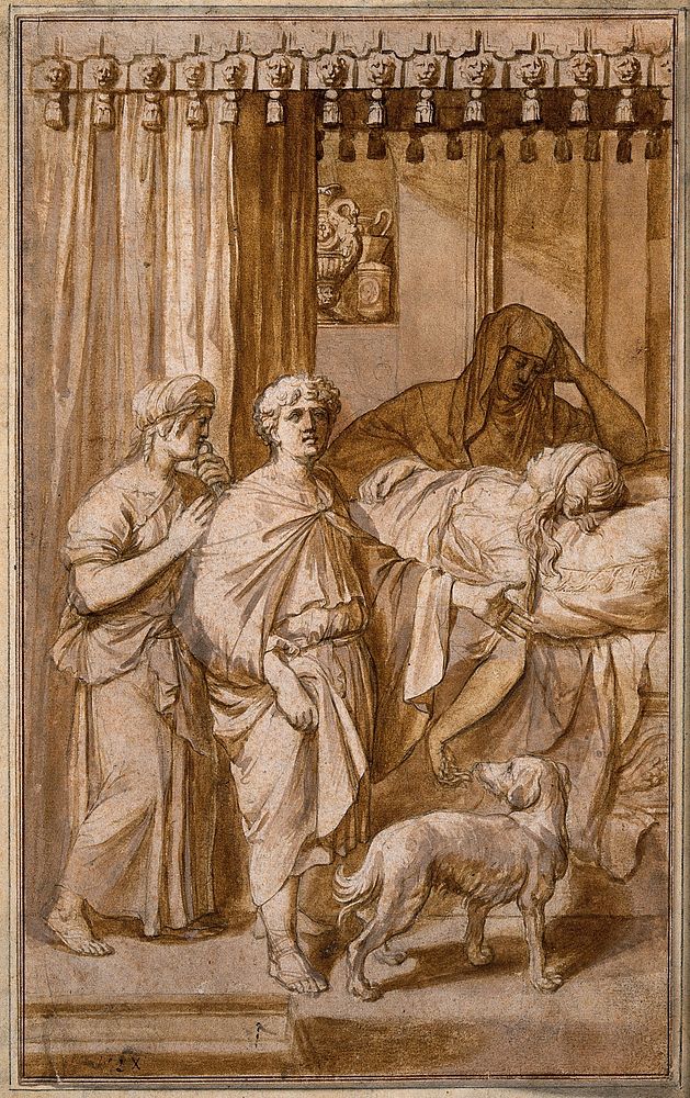 A sick, dying or dead woman lying on a bed in the presence of three figures. Drawing.