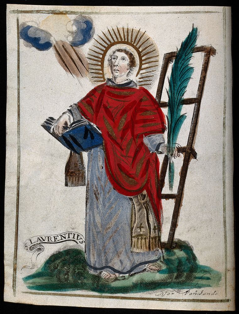 Saint Laurence of Rome. Coloured engraving by Norbertus van den Sande.