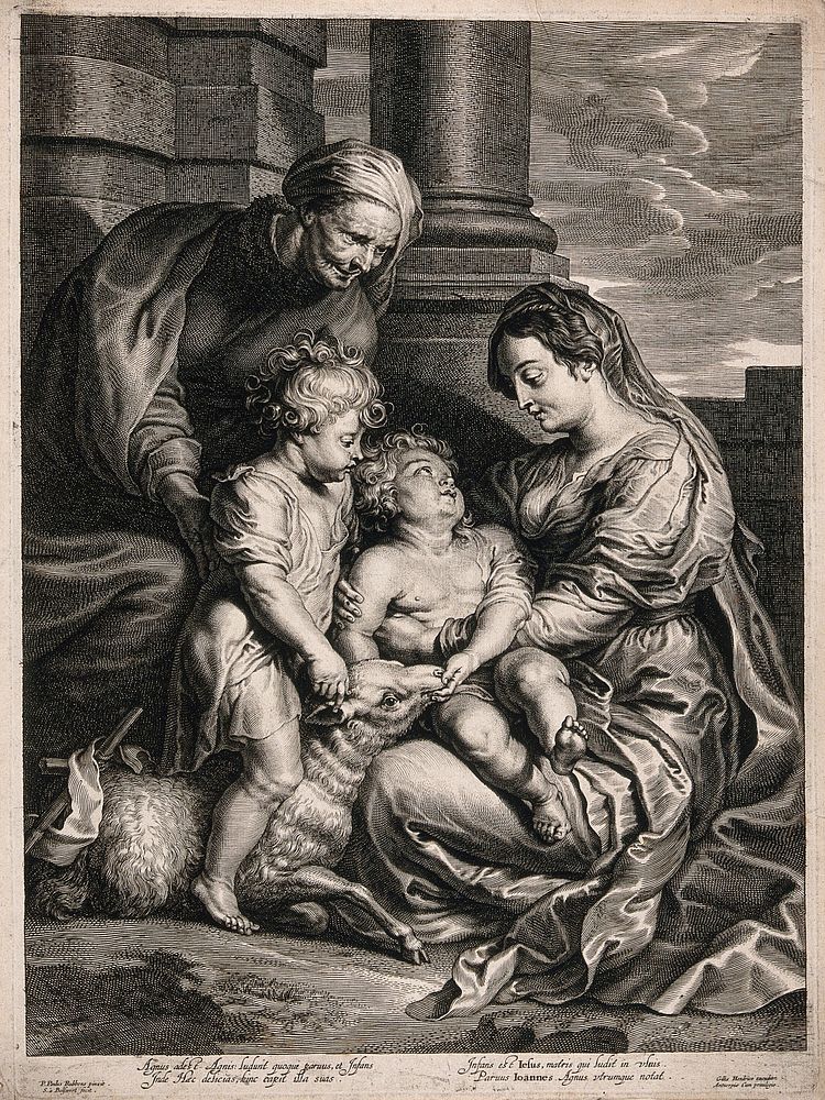 Saint Mary (the Blessed Virgin) with the Christ Child, Saint John the Baptist and Saint Elizabeth (or Saint Anne). Engraving…