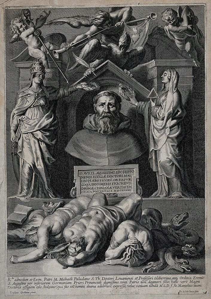 Saint Augustine of Hippo. Line engraving by P. de Jode the younger after E. Quellinus after J. Mantelius.