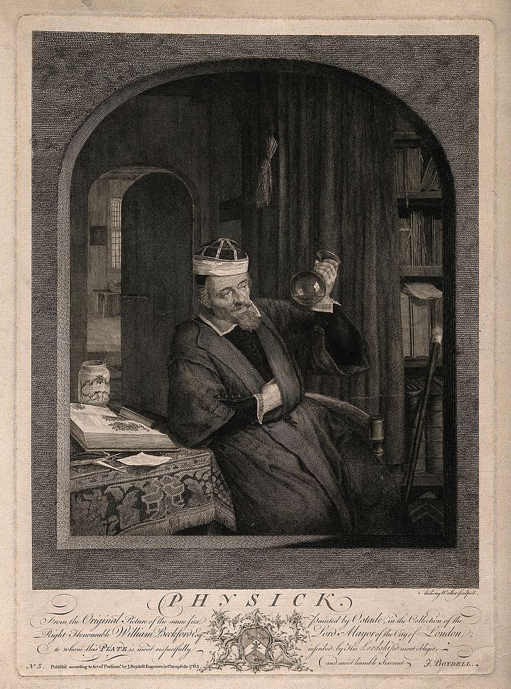 A physician examining urine. Engraving by A. Walker, 1763, after A. van Ostade.