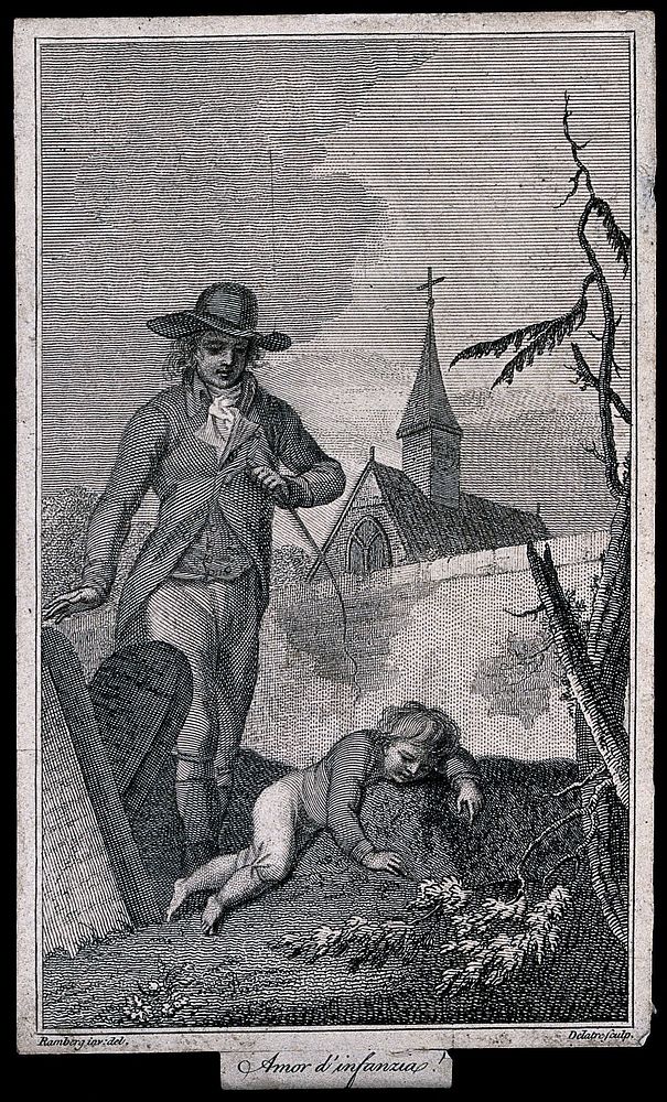 A man and a boy contemplating gravestones in a cemetery. Line engraving by J.M. Delattre after J.H. Ramberg.