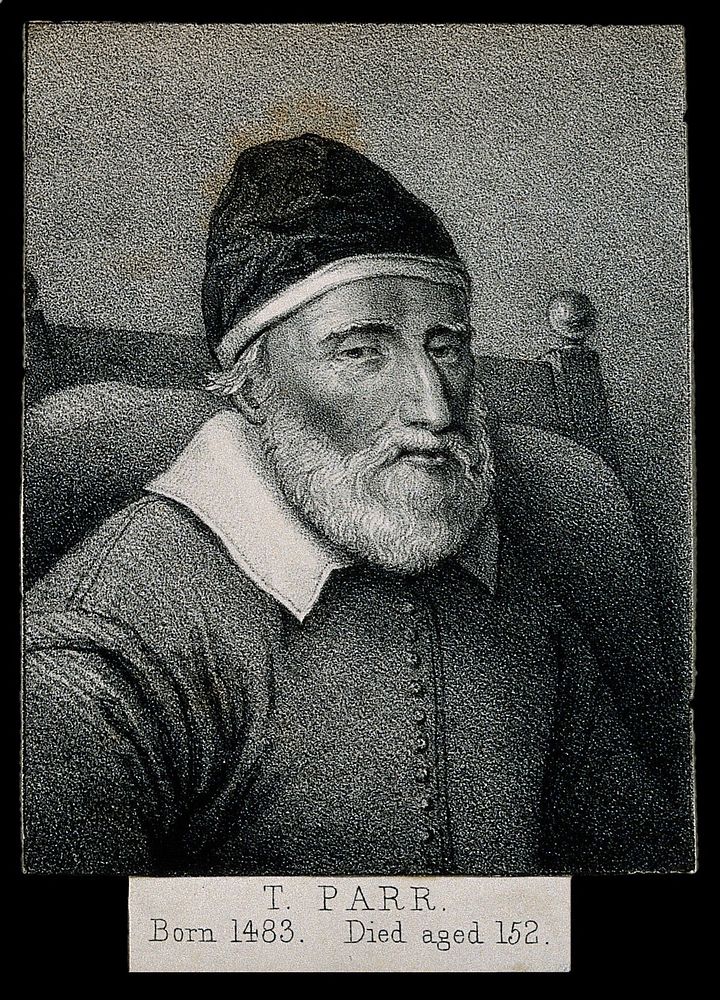 Thomas Parr, aged 152. Line engraving.