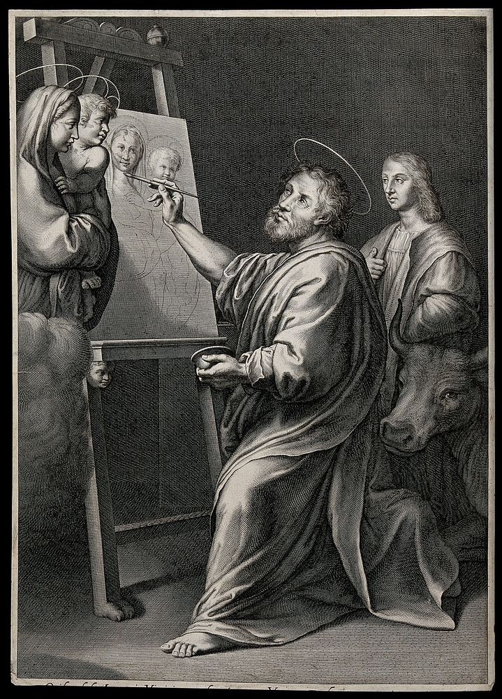Saint Luke, painting a picture of the Virgin, watched by the painter Raphael. Engraving by Cornelis Bloemaert.