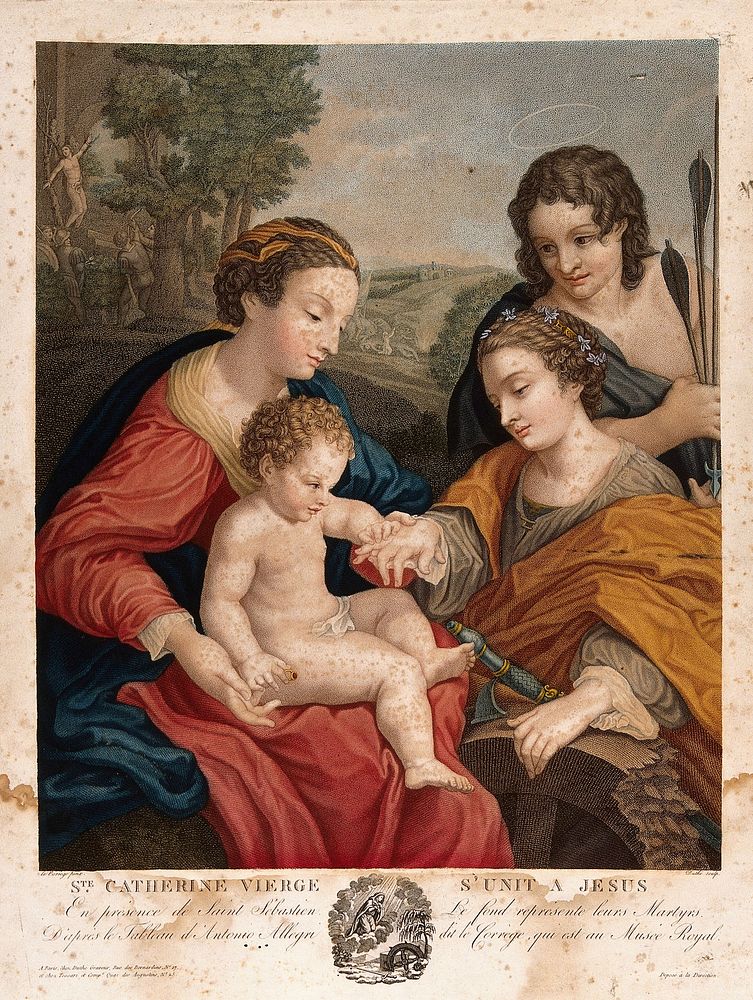 Saint Mary (the Blessed Virgin) with the Christ Child, Saint Catherine of Alexandria and Saint Sebastian. Colour engraving…