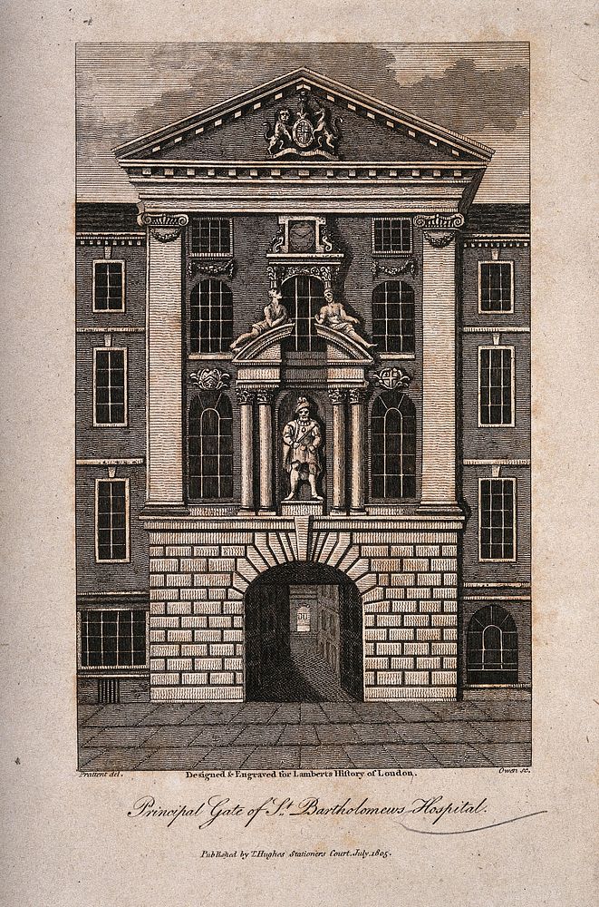 St Bartholomew's Hospital, London: Henry VIII Gate. Engraving by Owen after Prattent, 1805.