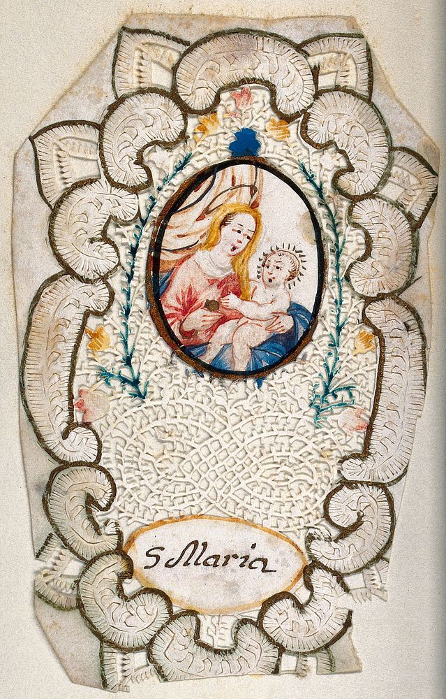 Saint Mary (the Blessed Virgin) with the Christ Child. Watercolour with cut paper surround.
