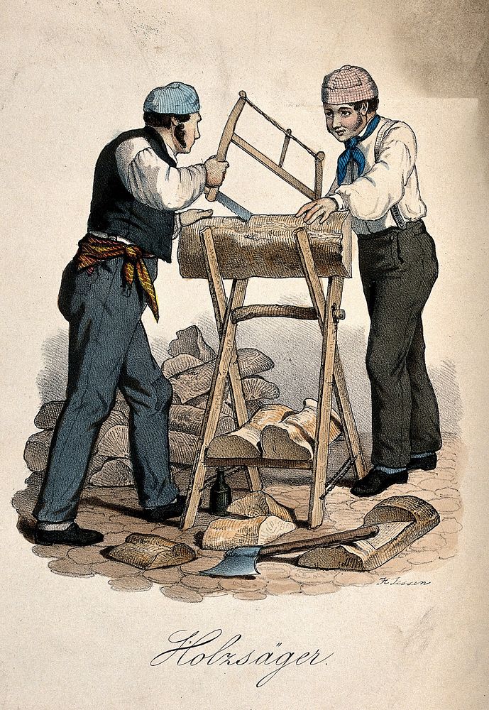 Two men saw at a log which is resting in a wooden cradle. Coloured lithograph by H. Tesson.