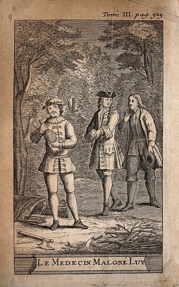 Three men in a wood, a scene from Molière's play Le médecin malgré luy. Engraving after Molière.