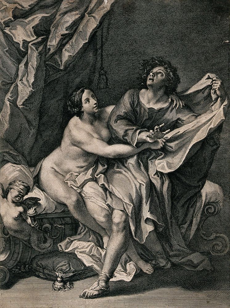 Joseph being seduced by Potiphar's wife. Engraving by J. Frey after C. Cignani.