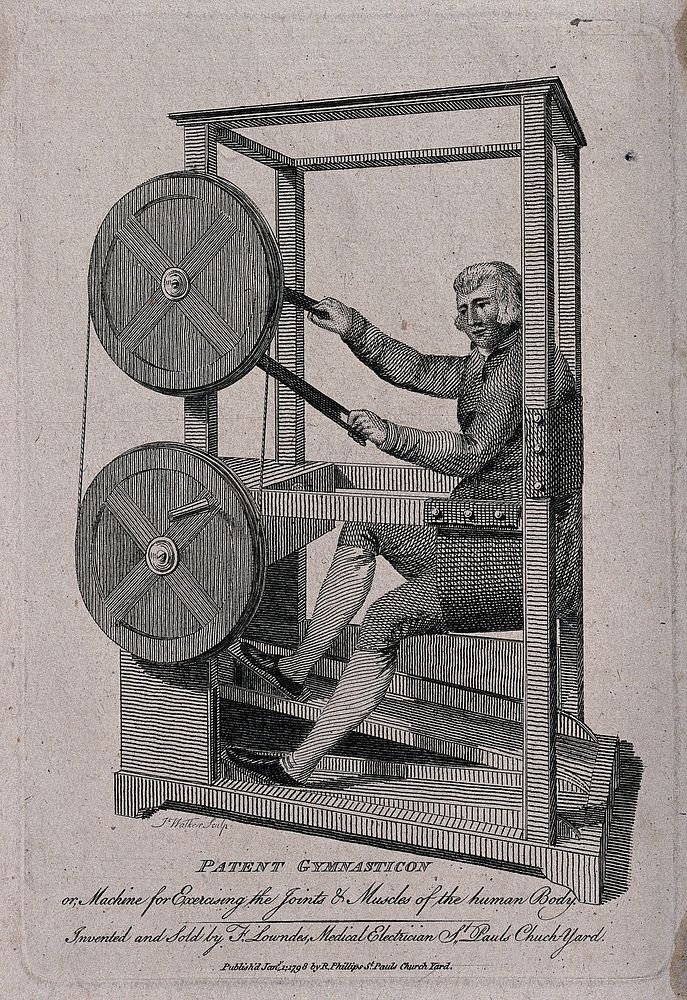 A man sitting inside a large wooden frame holding on to straps as the wheels turn. Engraving by J. Walker.